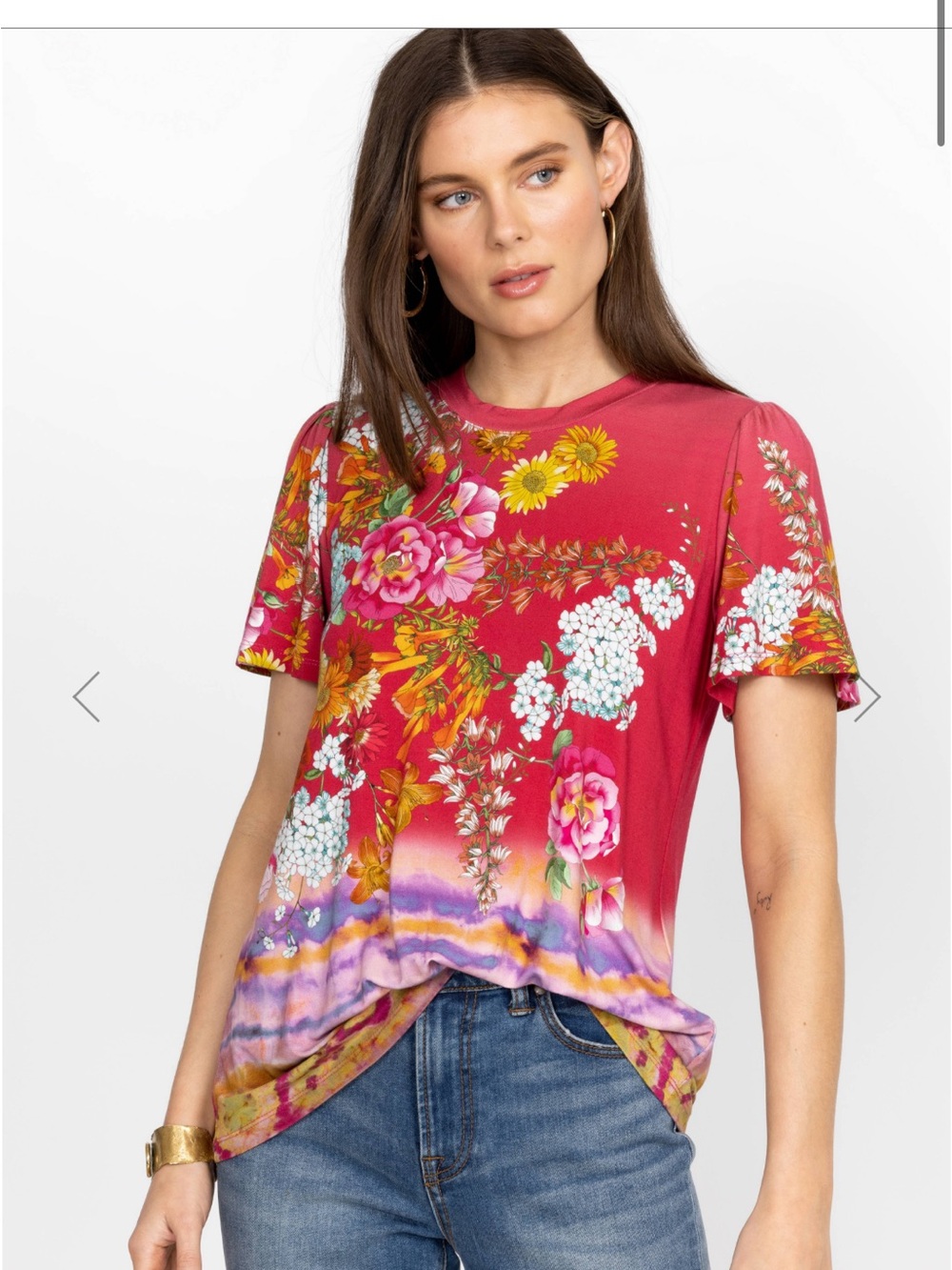 Johnny Was NWOT Golden Rose Flutter Sleeve Tee Boho Floral Top Medium Romantic